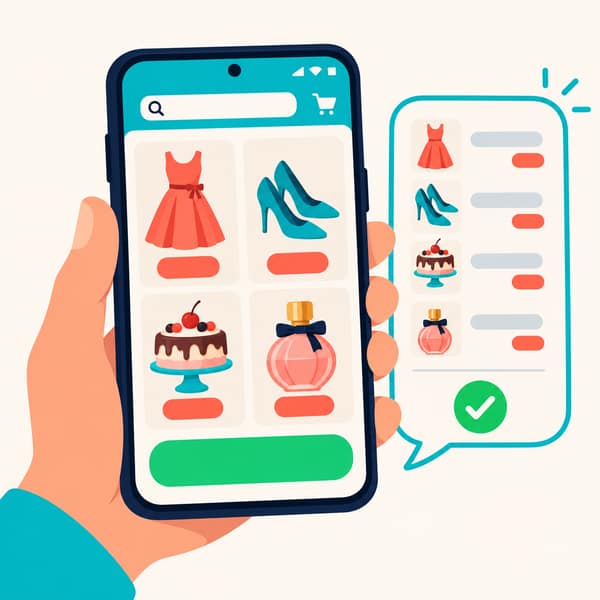 Celular mostrando un catálogo con productos y un pedido enviado por WhatsApp
