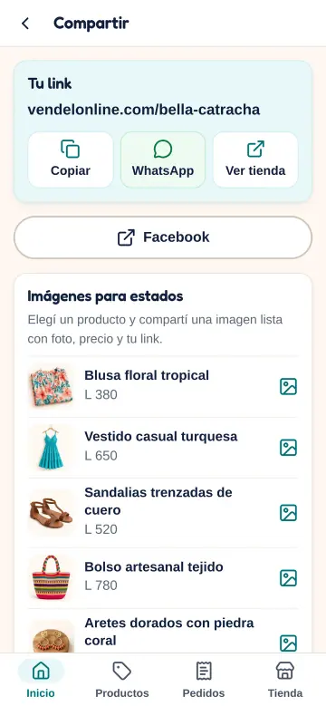Pantalla para compartir el link, el QR y las imágenes para estados