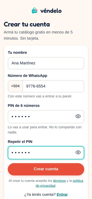 Pantalla para crear la cuenta con nombre, WhatsApp y PIN