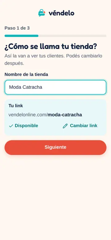 Pantalla para elegir el nombre de la tienda y el link