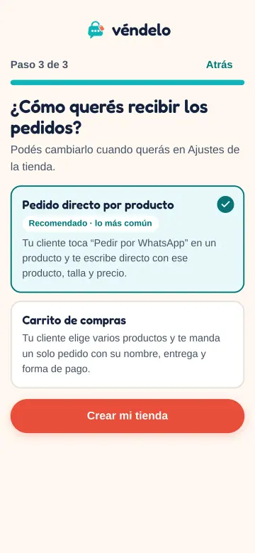 Pantalla para elegir pedido directo o carrito