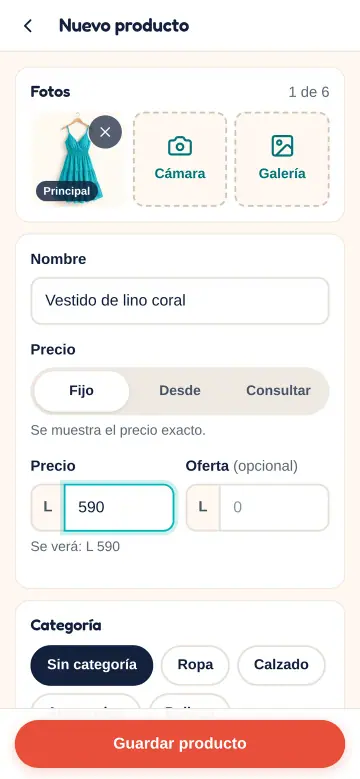 Pantalla para agregar un producto con foto y precio