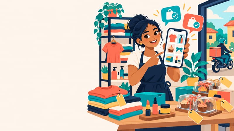 Emprendedora hondureña mostrando su catálogo en línea en el celular